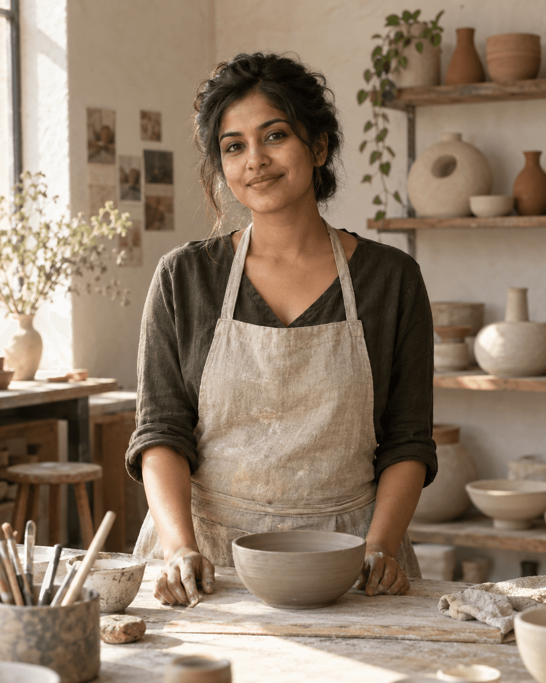 A ceramic artist in a sunlit pottery studio