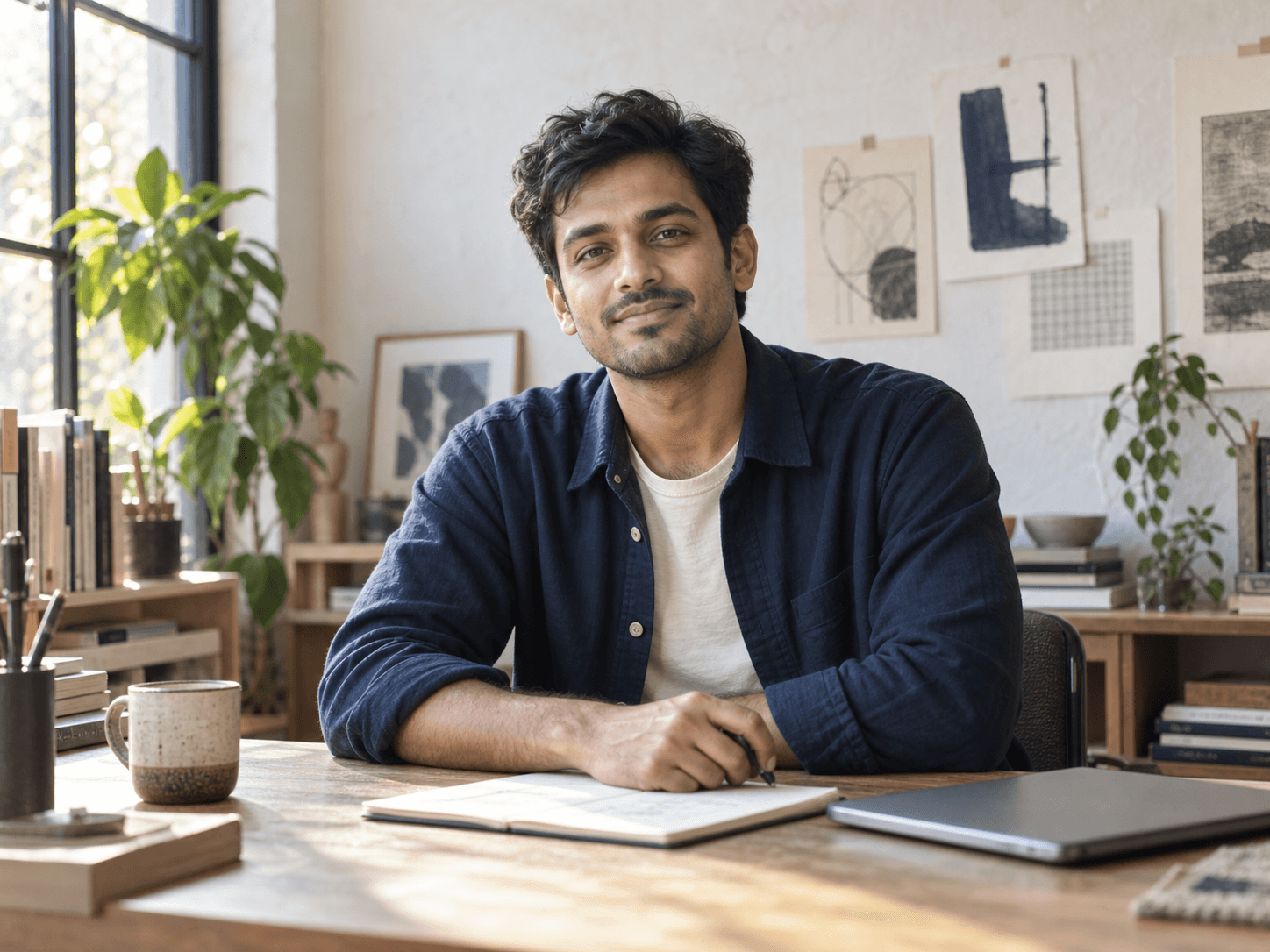 स्टूडियो डेस्क पर काम करता स्वतंत्र पेशेवर