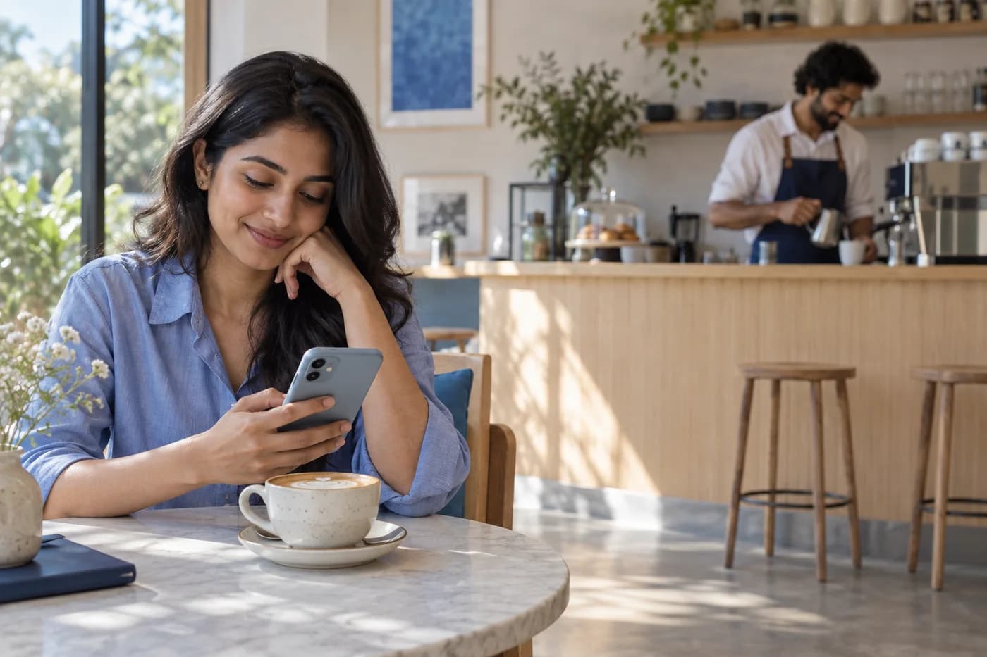 A café guest checking her phone beside a cappuccino while a barista works at the counter
