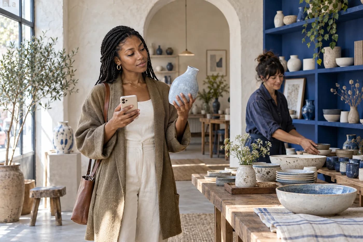 A shopper holding her phone and a ceramic vase in an independent homewares shop
