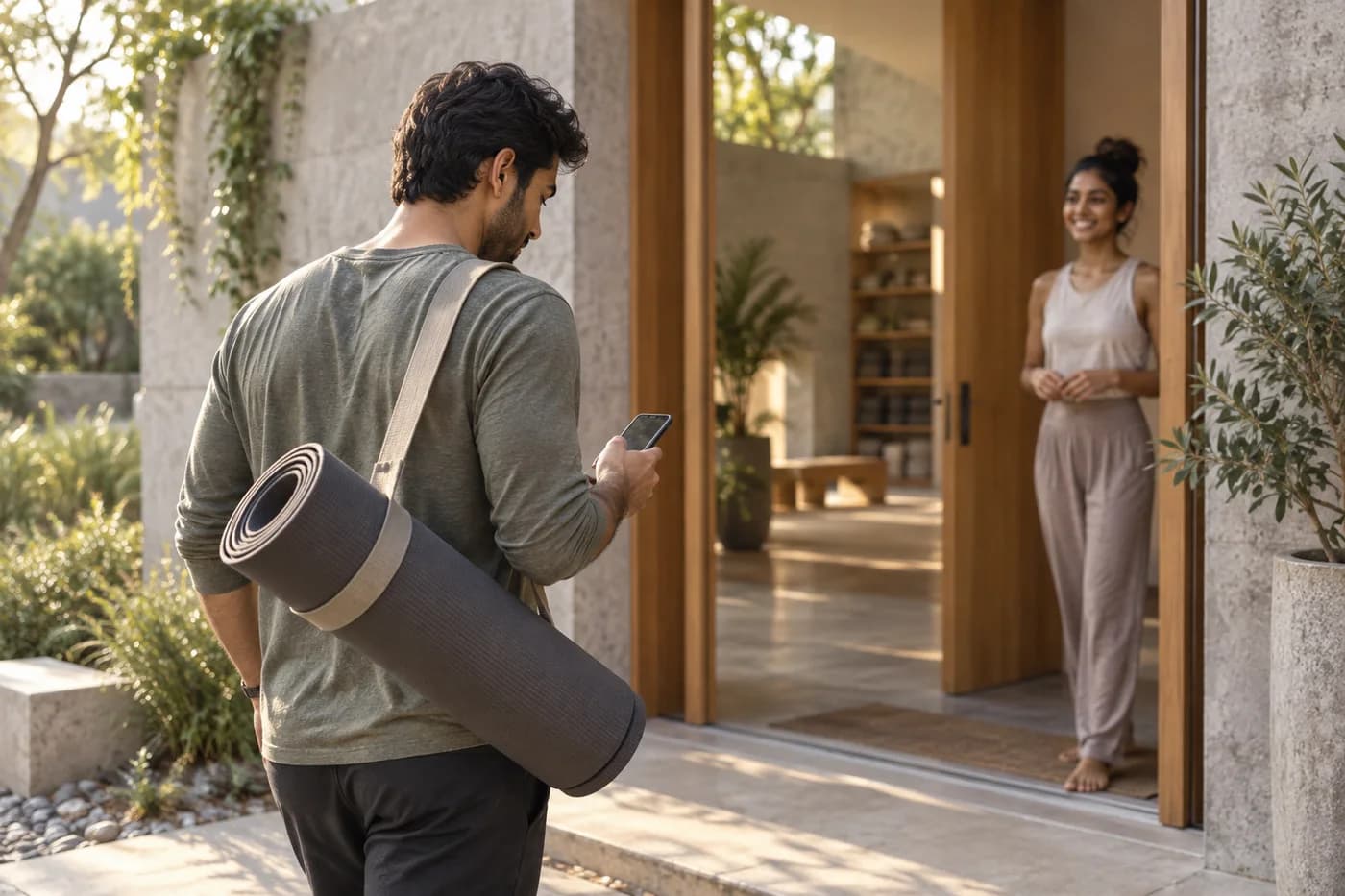 A visitor with a yoga mat checking his phone as an instructor welcomes him to a studio